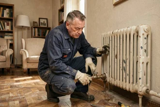 Technicien chauffagiste inspectant un radiateur en fonte dans un salon résidentiel lors d'une rénovation de chauffage central