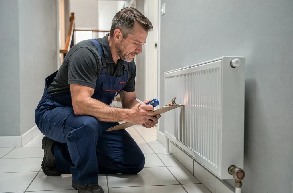 Technicien en chauffage mesurant la distribution de chaleur d'un radiateur dans un couloir avec thermomètre numérique