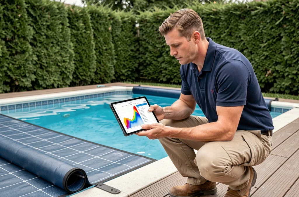 Technicien piscine évaluant l'efficacité thermique d'une petite piscine couverte avec une tablette numérique