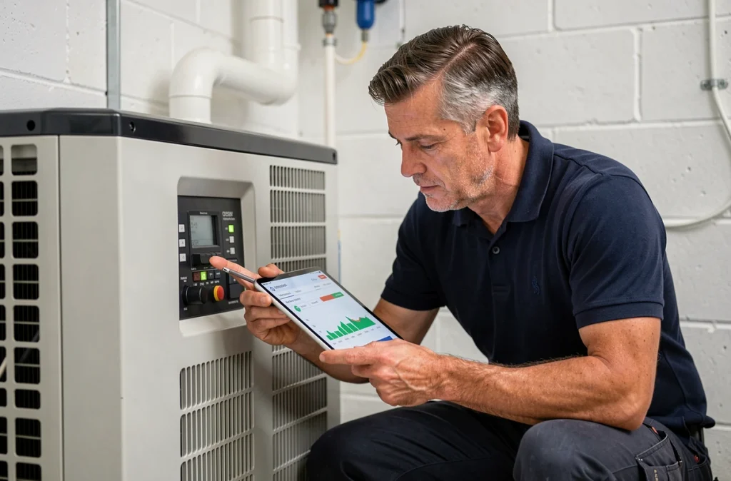 Technicien inspectant les réglages d'une pompe à chaleur de piscine pour optimiser les économies d'énergie