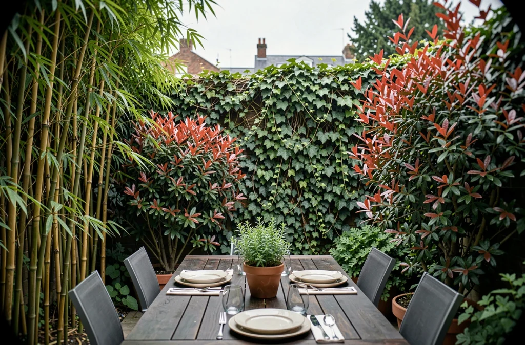 Terrasse de jardin entourée d'une clôture végétale mixte en bambou lierre et photinia rouge créant un espace privé et intimiste pour repas en plein air