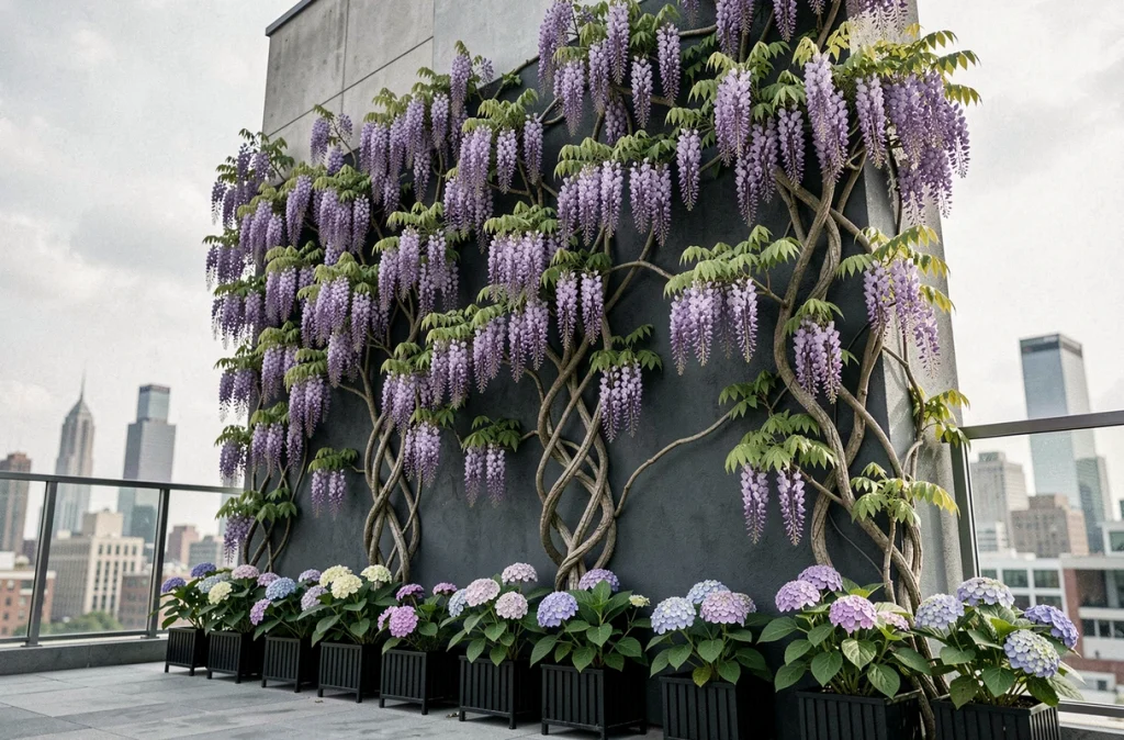 Terrasse urbaine moderne avec mur recouvert de glycine aux grappes violettes et d'hortensias grimpants en conteneurs noirs