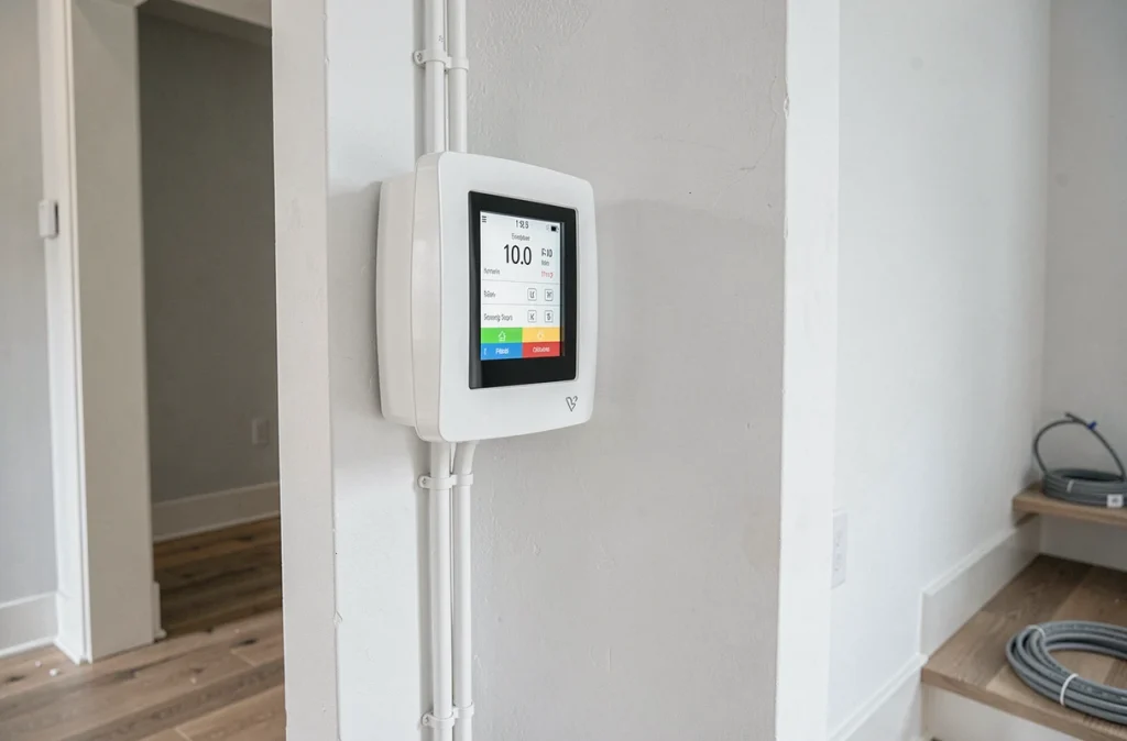 Thermostat intelligent et tableau électrique connecté installés dans un logement neuf pour optimiser la gestion énergétique