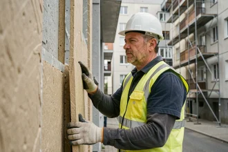 Ouvrier appliquant des panneaux d'isolation thermique sur une façade d'immeuble lors de travaux de ravalement