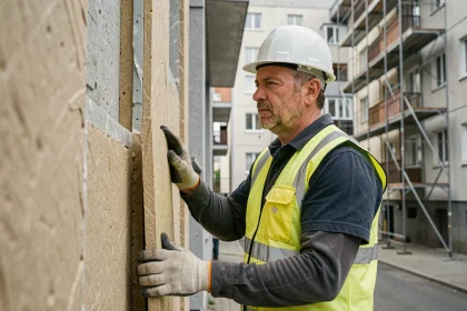 Ouvrier appliquant des panneaux d'isolation thermique sur une façade d'immeuble lors de travaux de ravalement