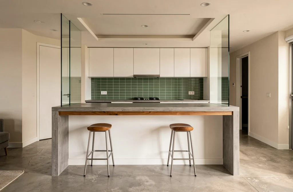 Verrière basse avec plan de travail en bois séparant la cuisine du salon dans un appartement contemporain
