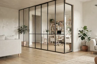 Verrière intérieure en acier noir séparant le salon du bureau dans un appartement moderne au sol en bois