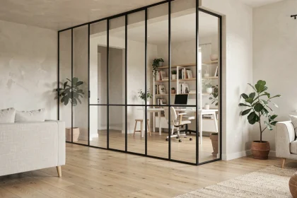 Verrière intérieure en acier noir séparant le salon du bureau dans un appartement moderne au sol en bois