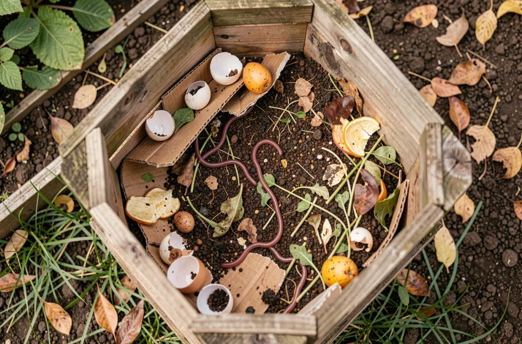 Vue aérienne de l'intérieur d'un composteur en bois rempli de déchets organiques et de vers de terre