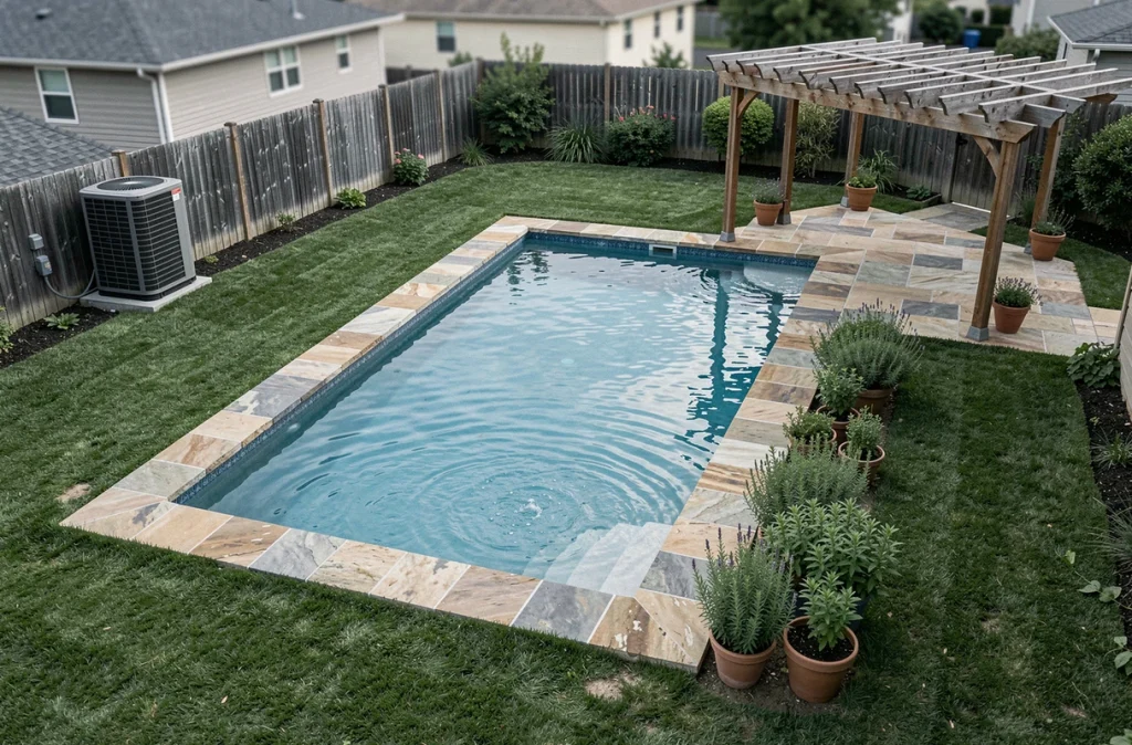 Vue aérienne d'une piscine rectangulaire bien proportionnée avec pompe à chaleur installée dans un jardin suburban