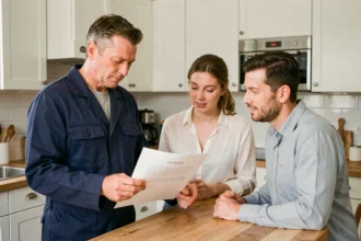 Artisan en uniforme discutant d'un devis de travaux avec un couple de propriétaires dans une cuisine moderne