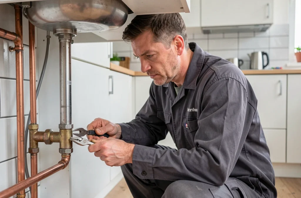 Plombier de L'Artisan Plombier travaillant sous un évier de cuisine dans une maison strasbourgeoise