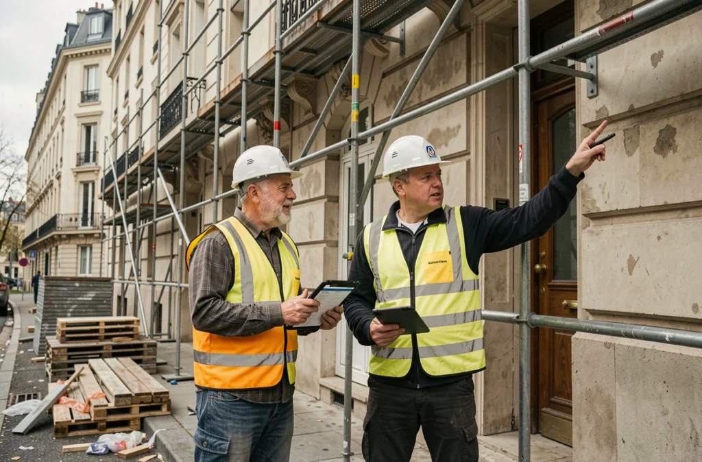 Deux artisans du bâtiment consultant un devis sur tablette devant un chantier de rénovation en façade