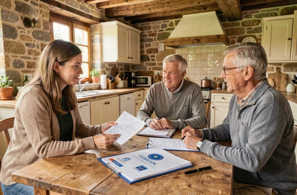 Conseillère expliquant les aides et subventions pour la rénovation globale à un couple en Côte-d'Or, illustrant Artizo