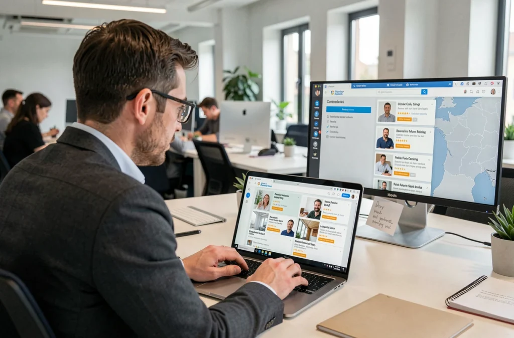 Professionnel utilisant une plateforme numérique de mise en relation avec des experts régionaux en rénovation, illustrant Batispot Pro