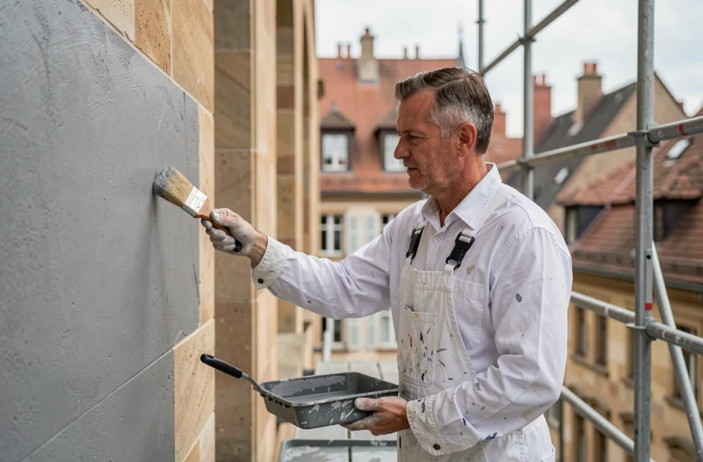 Peintre de Bernard Service D Entretien Et Peinture appliquant une peinture grise sur une façade à Strasbourg