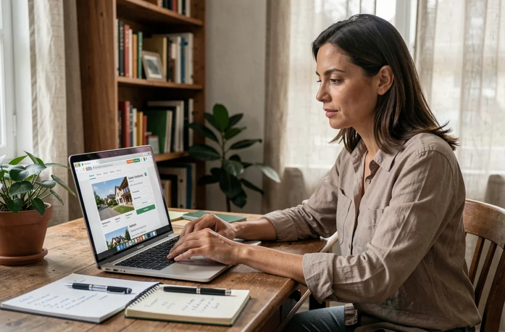 Femme comparant les tarifs de plateformes de travaux en ligne sur son ordinateur portable à son bureau