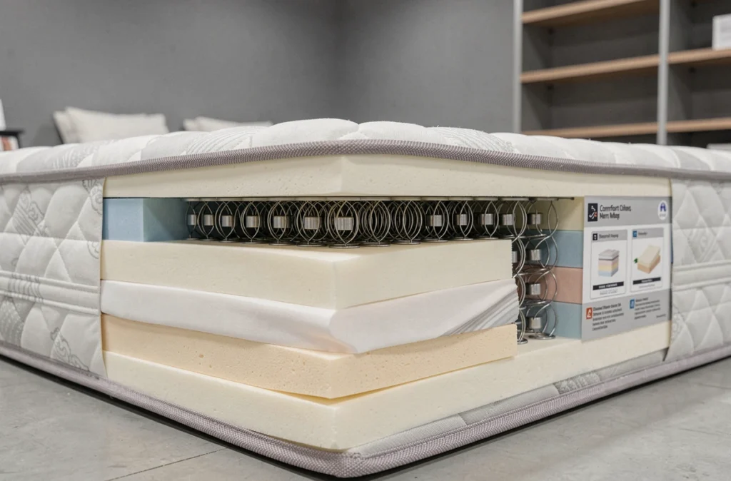 Coupe transversale d'un matelas haut de gamme révélant ses couches de mousse et ressorts ensachés