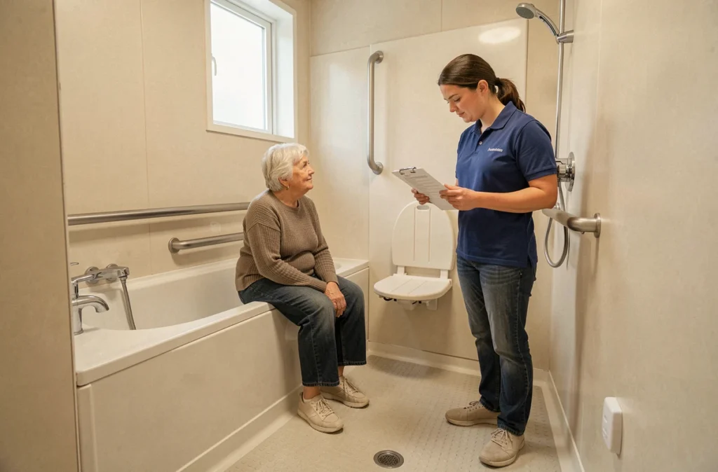 Salle de bain adaptée au maintien à domicile avec équipements de sécurité pour personne âgée