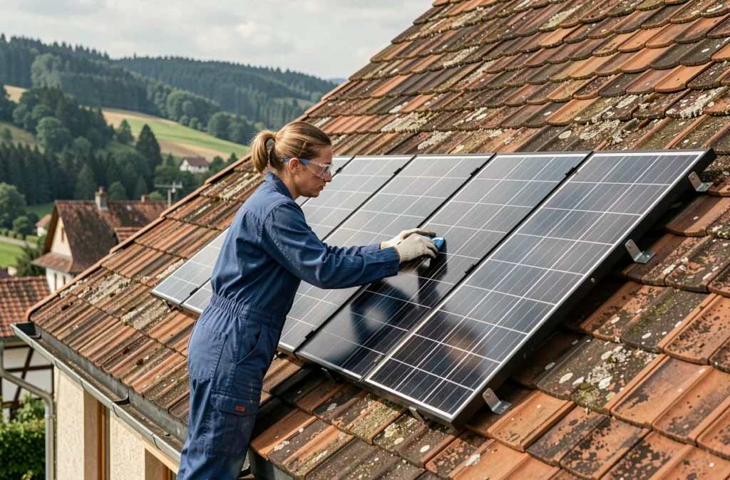 Technicienne installant des panneaux solaires sur une maison traditionnelle près de Belfort, illustrant Ecoconcept 90 et les énergies renouvelables