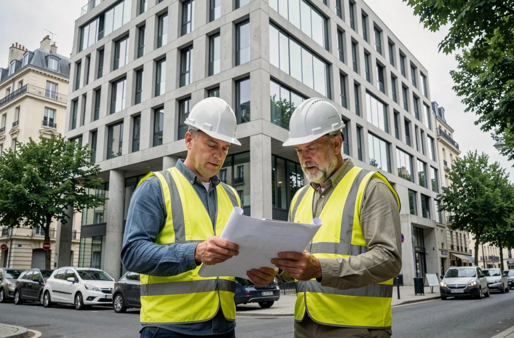 Deux ingénieurs en bâtiment devant un immeuble tertiaire rénové dans une ville de Bourgogne-Franche-Comté, représentant Eiffage Construction