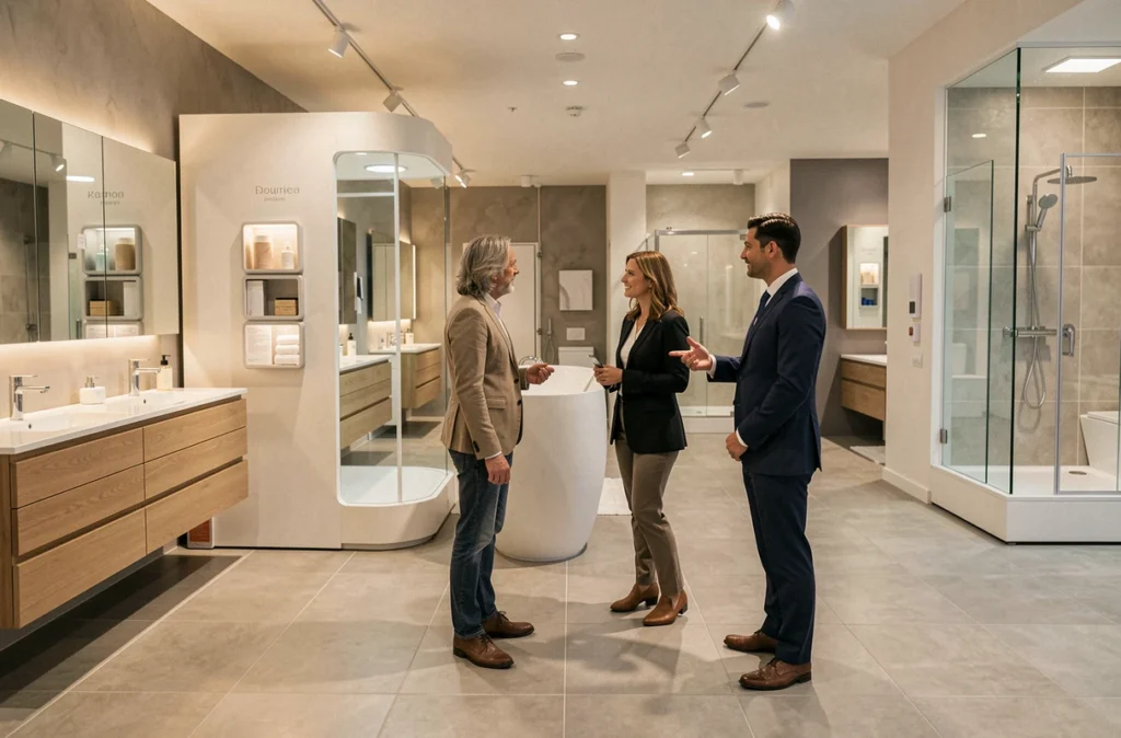 Couple en visite dans un showroom de salles de bain dans le Nord avec un conseiller présentant les options de pose