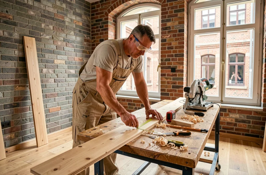 Artisan de l'Eurl Nicolas Selig posant du parquet dans un appartement rénové à Strasbourg
