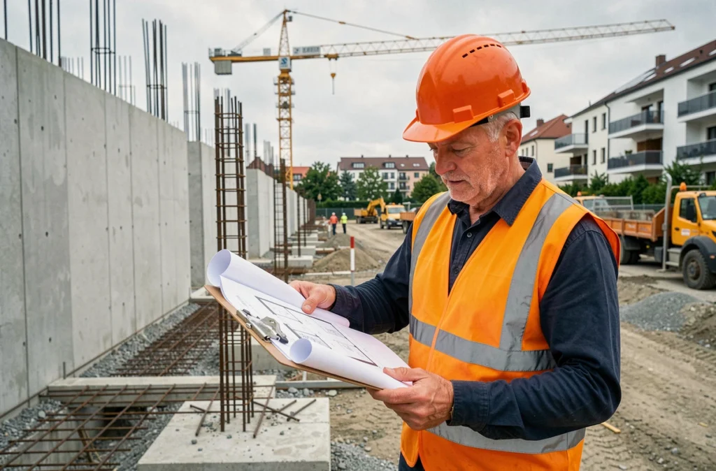 Chef de chantier d'Europro Constructions supervisant un projet de bâtiment résidentiel à Strasbourg