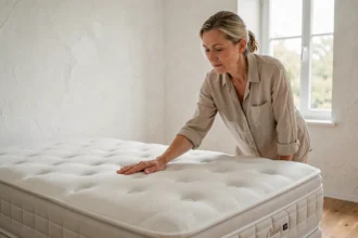 Femme testant un matelas haut de gamme Technilat dans une chambre minimaliste moderne
