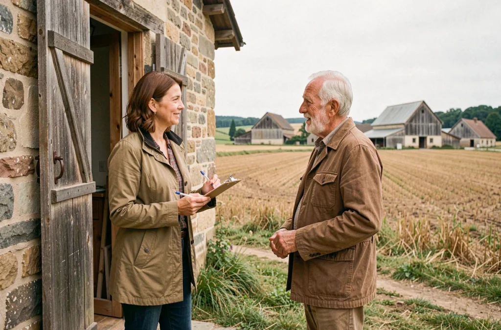 Conseillère en rénovation énergétique discutant avec un propriétaire devant une ferme en Haute-Saône, illustrant Habitat 70