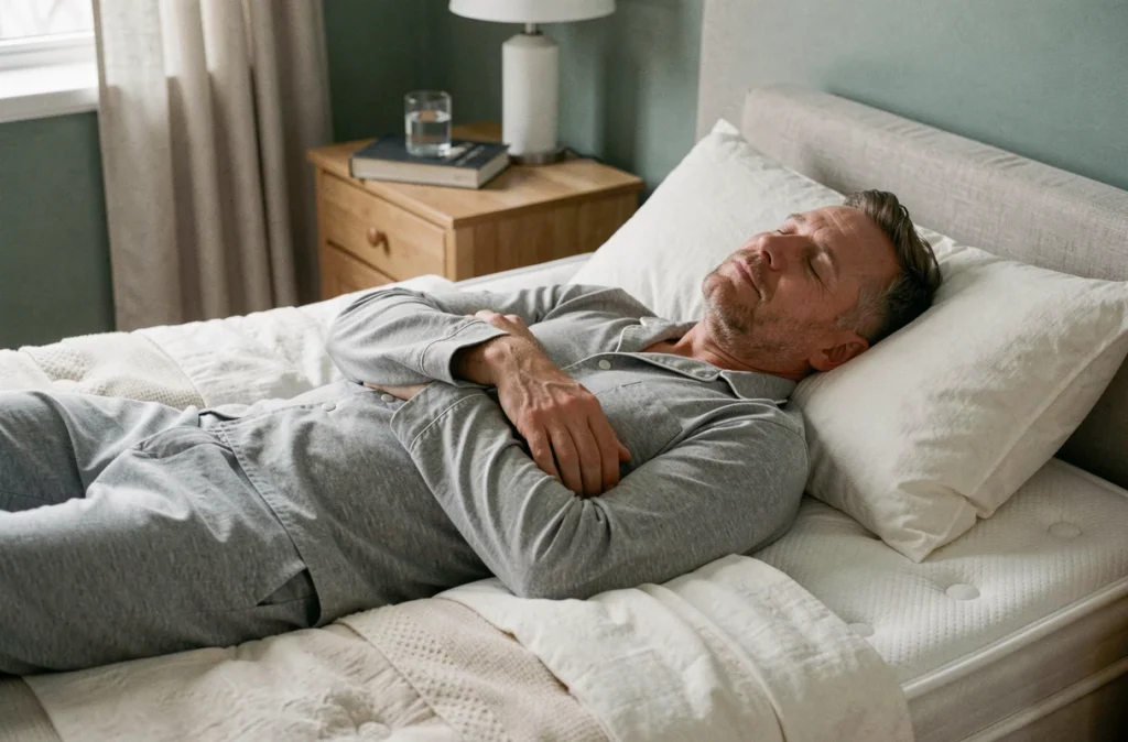 Homme dormant paisiblement sur un matelas haut de gamme Technilat dans une chambre décorée avec soin
