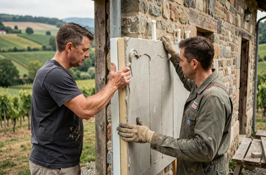 Ouvriers posant des panneaux isolants thermiques sur une maison en pierre en Saône-et-Loire, représentant Isol'Centre Bourgogne