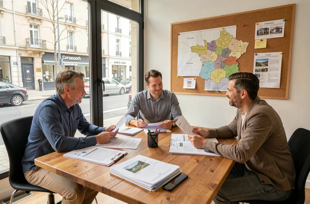 Professionnels d'un réseau d'agences locales étudiant des dossiers de rénovation énergétique autour d'une table de réunion, illustrant LCDER