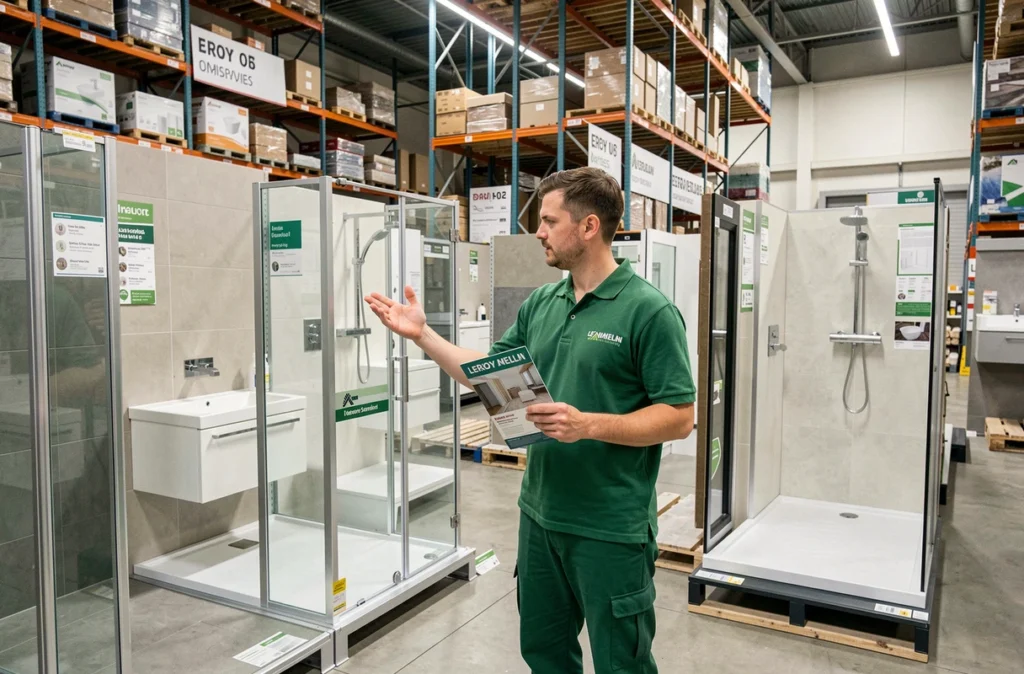 Employé Leroy Merlin présentant le service installation de salle de bain en magasin dans les Hauts-de-France