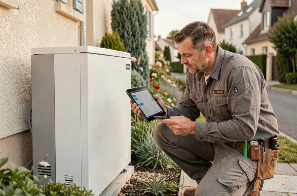 Technicien chauffagiste diagnostiquant une pompe à chaleur devant une maison en France, représentant LME Énergie et la transition énergétique