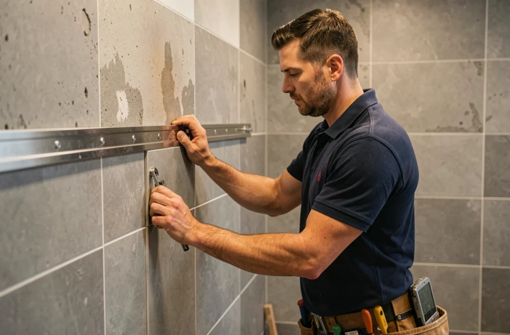 Artisan spécialiste en rénovation intérieure posant des carreaux dans une salle de bain à Santes