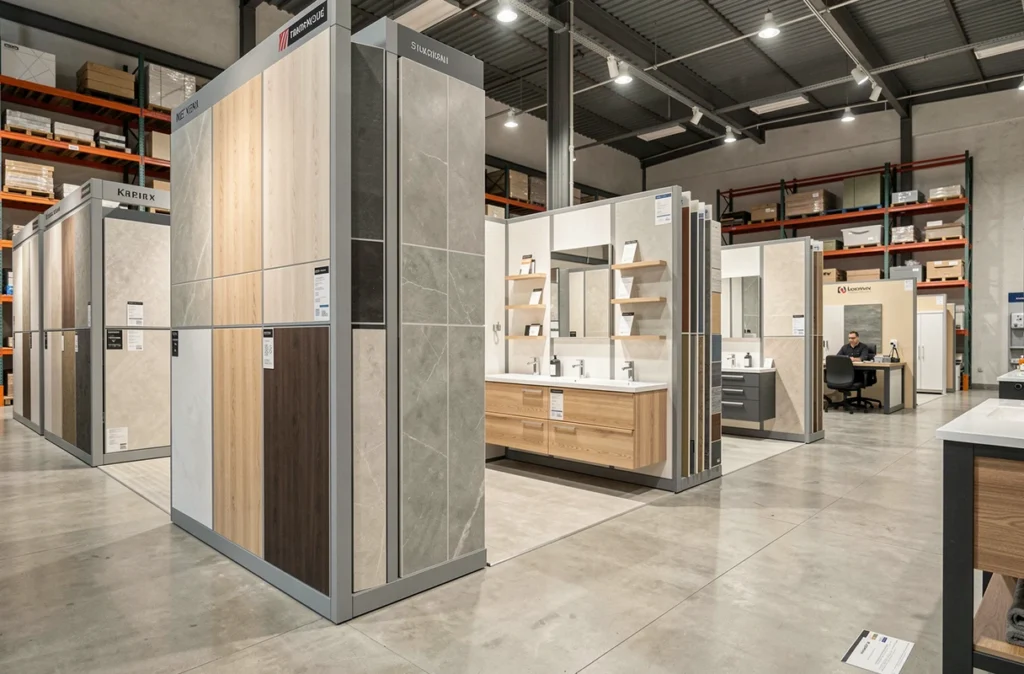 Showroom Merrheim Carrelages et Bains avec exposition de carrelages et de mobilier de salle de bain dans le Nord