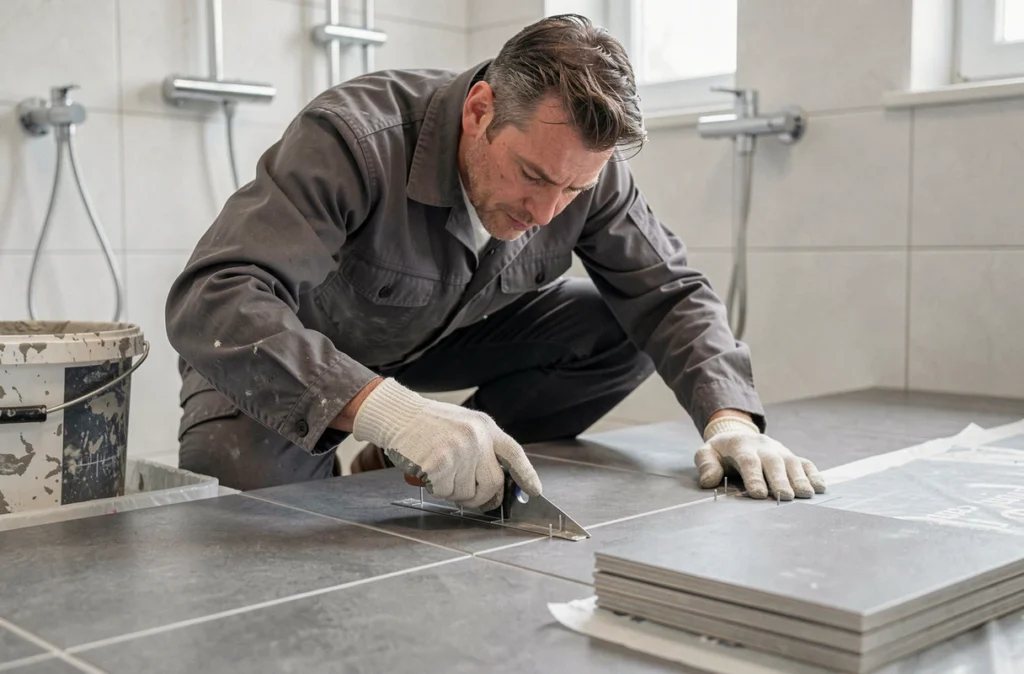 Artisan de ND Rénovation posant du carrelage gris dans une salle de bain d'un appartement strasbourgeois