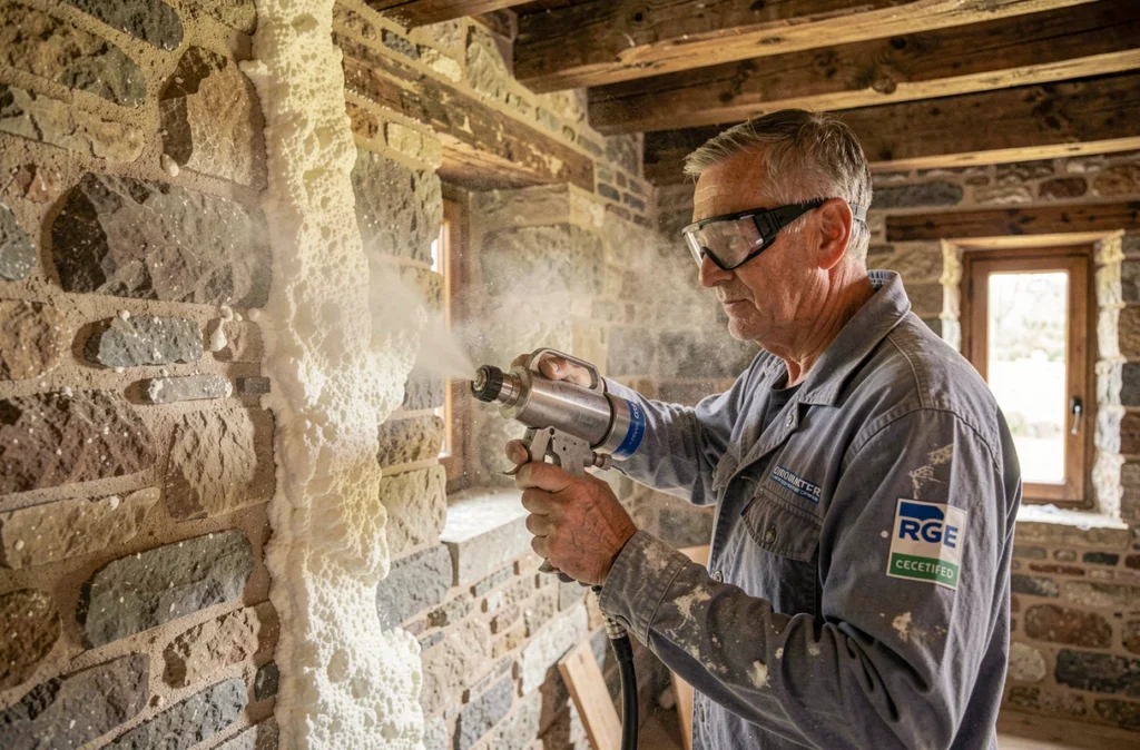 Artisan RGE réalisant une isolation par projection dans une maison en pierre à Dijon, représentant Oriven spécialiste de la rénovation globale