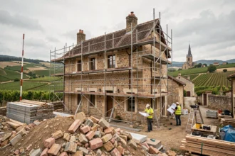 Vue grand angle d'un chantier de rénovation d'un bâtiment en pierre typique de Bourgogne-Franche-Comté avec des ouvriers et des échafaudages