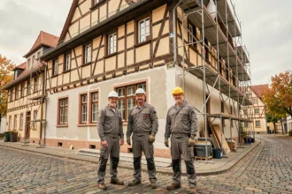 Équipe de rénovation professionnelle devant un bâtiment alsacien à colombages en chantier à Strasbourg