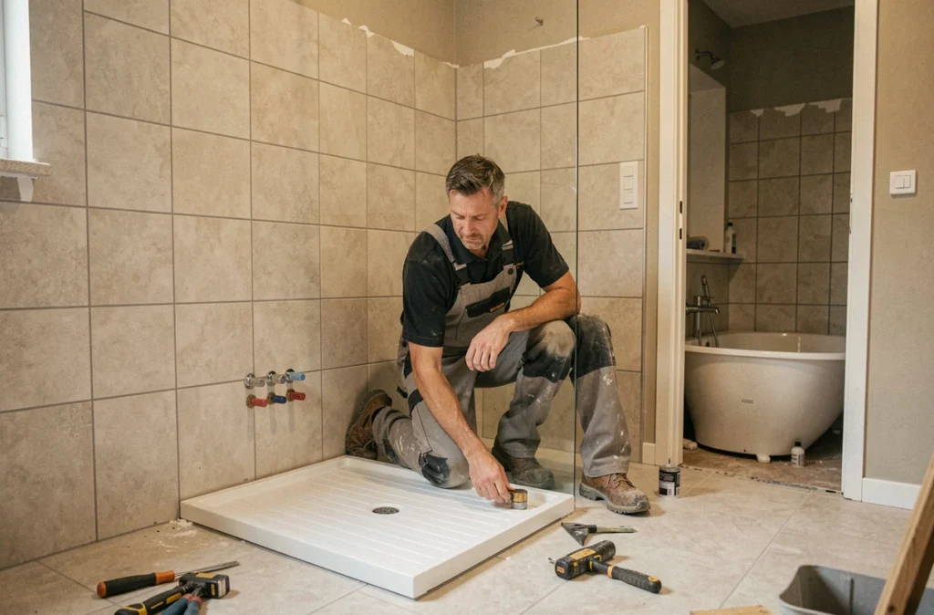 Artisan remplaçant une baignoire par une douche dans une salle de bain de la métropole lilloise