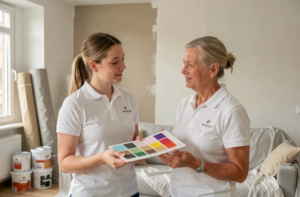 Professionnelle de Stras'Services conseillant une cliente sur les couleurs de peinture dans un appartement strasbourgeois