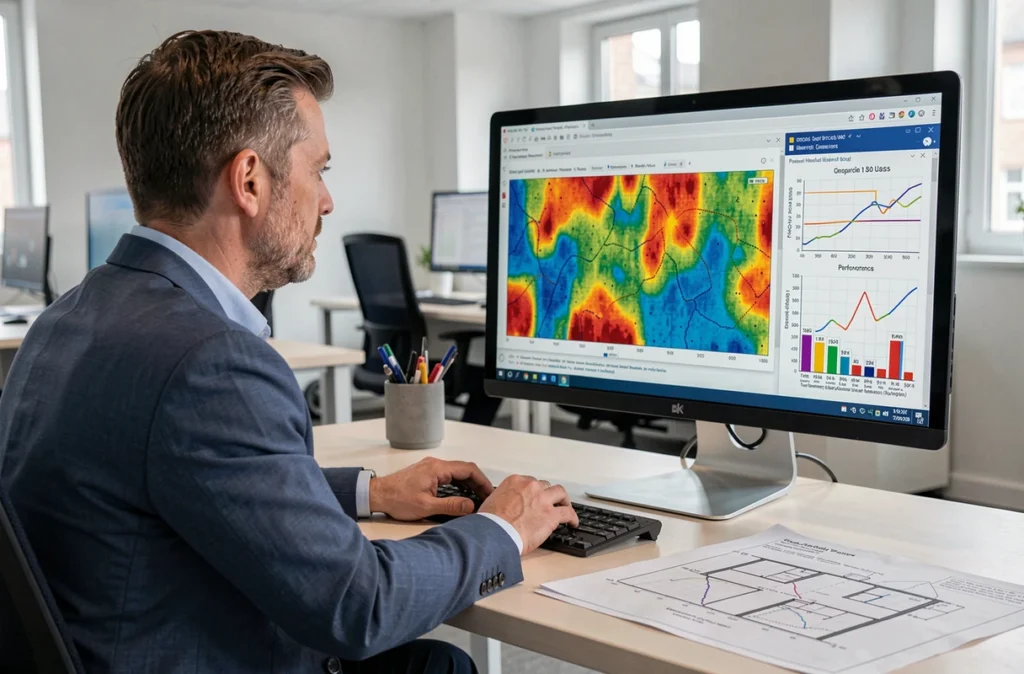 Ingénieur thermicien analysant un rapport d'audit énergétique sur ordinateur dans un bureau, représentant Thermie Conseil