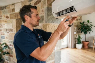 Technicien installateur de climatisation posant un climatiseur mural dans un salon résidentiel en Bourgogne-Franche-Comté